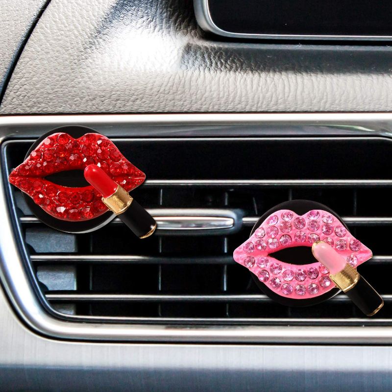 Photo 1 of 2 Pieces Car Air Vent Decoration Bling Car Interior Decoration Rhinestone Lipstick Car Air Freshener Clip with Fragrance Pads (Red) New