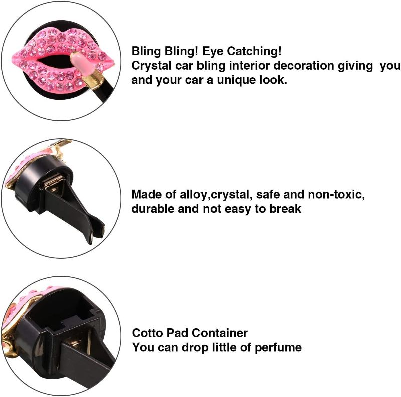 Photo 3 of 2 Pieces Car Air Vent Decoration Bling Car Interior Decoration Rhinestone Lipstick Car Air Freshener Clip with Fragrance Pads (Red) New