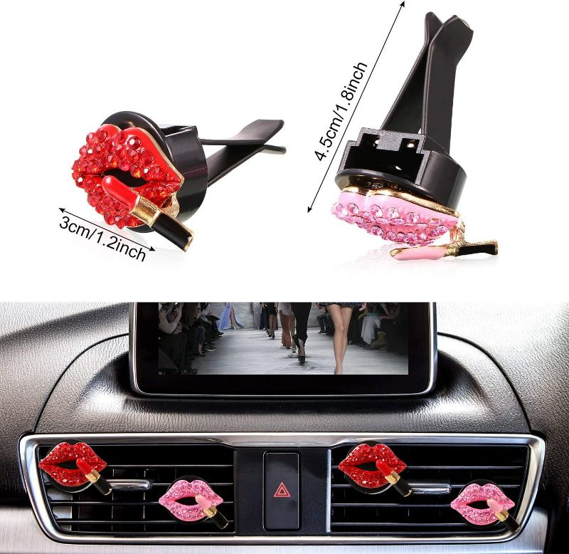 Photo 2 of 2 Pieces Car Air Vent Decoration Bling Car Interior Decoration Rhinestone Lipstick Car Air Freshener Clip with Fragrance Pads (Red) New