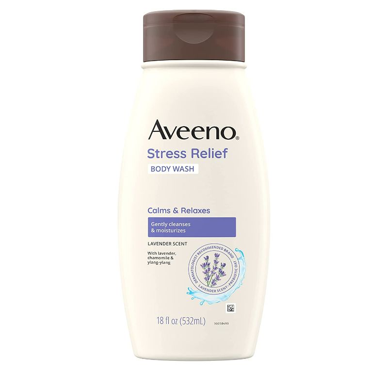 Photo 1 of Aveeno Stress Relief Body Wash with Soothing Oat, Gently Cleanses and Moisturizes with Lavender Scent, Chamomile & Ylang-Ylang Essential Oils, Dye-Free & Soap-Free Calming Body Wash, 18 fl. oz New