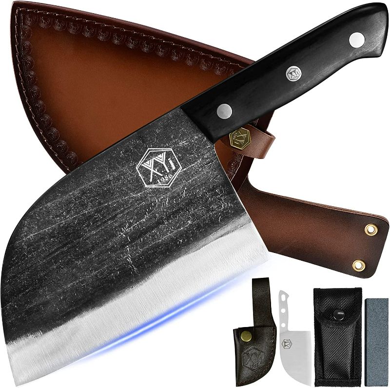 Photo 1 of XYJ Authentic Since 1986,Outstanding Ancient Forging,6.7 Inch Full Tang,Serbian Chefs knife,Chef Meat Cleaver,Kitchen Knives,Set with Leather Sheath,Take Carrying,Butcher,for Camping or Outdoor New