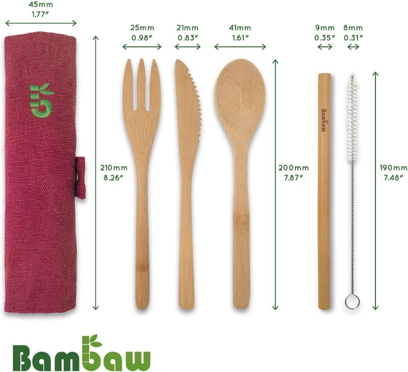 Photo 2 of Bamboo Cutlery Set | Bamboo Silverware Set | Knife, Fork, Spoon, Straw| | Bamboo Flatware Set | Bamboo Utensils in Pouch | Wooden Eating Utensils | Bamboo Utensil Set | 7.9 Inch | Berry | Bambaw New