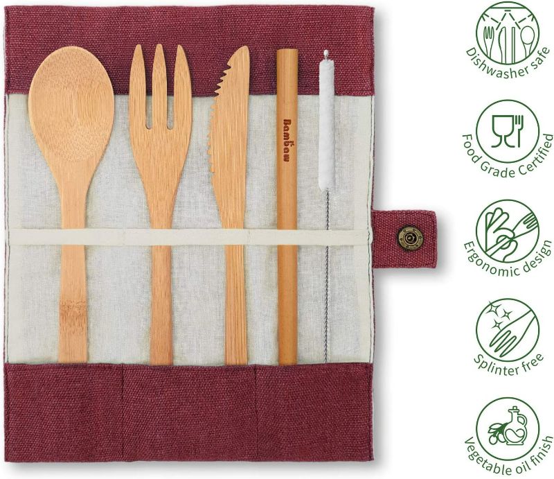 Photo 3 of Bamboo Cutlery Set | Bamboo Silverware Set | Knife, Fork, Spoon, Straw| | Bamboo Flatware Set | Bamboo Utensils in Pouch | Wooden Eating Utensils | Bamboo Utensil Set | 7.9 Inch | Berry | Bambaw New