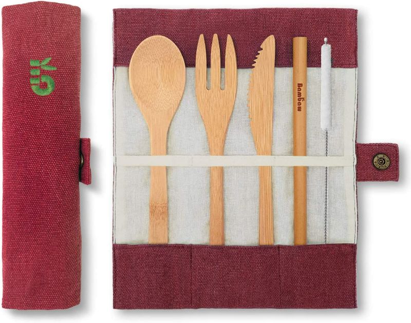 Photo 1 of Bamboo Cutlery Set | Bamboo Silverware Set | Knife, Fork, Spoon, Straw| | Bamboo Flatware Set | Bamboo Utensils in Pouch | Wooden Eating Utensils | Bamboo Utensil Set | 7.9 Inch | Berry | Bambaw New