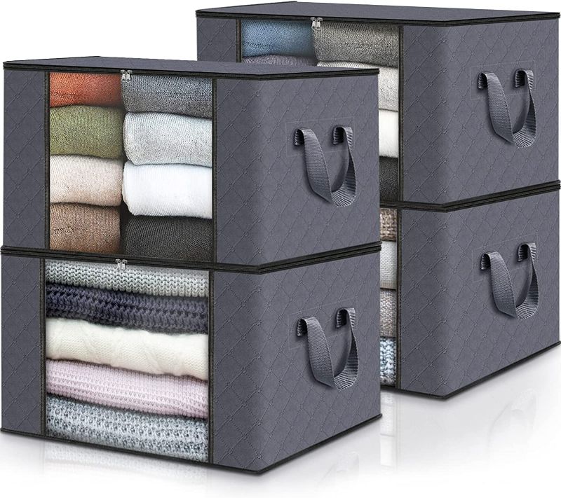 Photo 1 of Fab totes 4-Pack Clothes Storage, Foldable Blanket Storage Bags, Storage Containers for Organizing Bedroom, Closet, Clothing, Comforter, Organization and Storage with Lids and Handle, Grey New