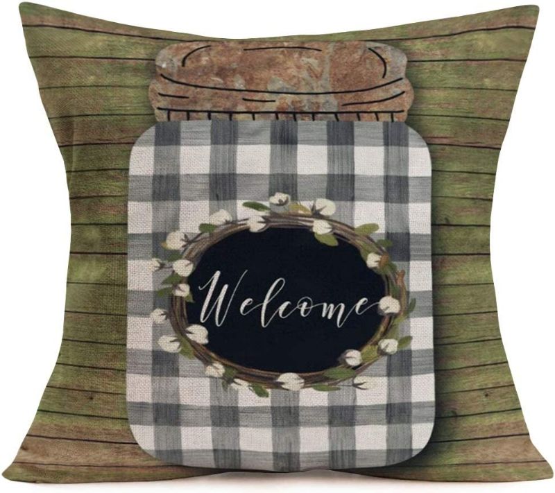 Photo 1 of Tlovudori Vintage Wood Boxwood Wreath Welcome Sign Pillow Covers Rustic Farmhouse Decor Black White Buffalo Check Bottle Cotton Linen Throw Pillow Case Cushion Cover for Sofa Couch 18"x18" (VW-Wreath) New