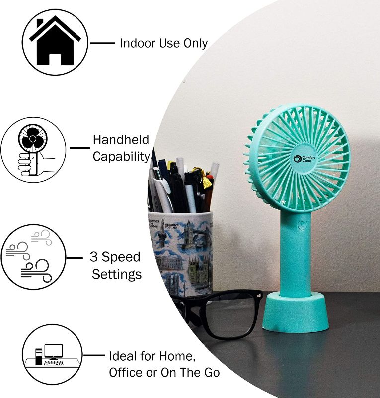 Photo 2 of Comfort Zone CZPF402GN 4” 3-Speed Handheld Rechargeable Fan - Lithium Ion Battery Operated, Micro USB Cable - Powerful, Mini Hand Fan - Lightweight, Green New