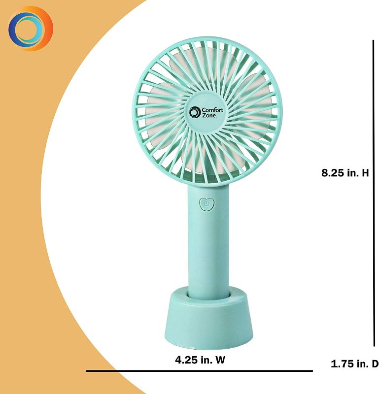 Photo 3 of Comfort Zone CZPF402GN 4” 3-Speed Handheld Rechargeable Fan - Lithium Ion Battery Operated, Micro USB Cable - Powerful, Mini Hand Fan - Lightweight, Green New