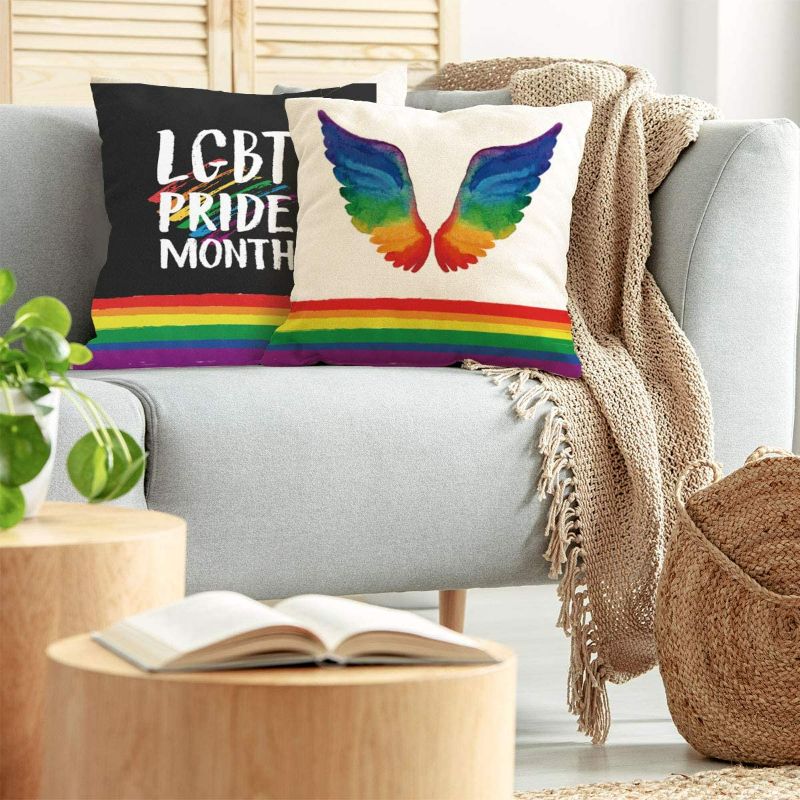 Photo 2 of Tititex Rainbow Power Wings Decorative 18"x 18" Throw Pillow Covers - LGBT Pride Month Linen Cases for Couch Cushion Farmhouse Decor, Set of 2 New