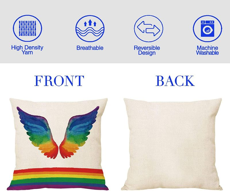 Photo 3 of Tititex Rainbow Power Wings Decorative 18"x 18" Throw Pillow Covers - LGBT Pride Month Linen Cases for Couch Cushion Farmhouse Decor, Set of 2 New