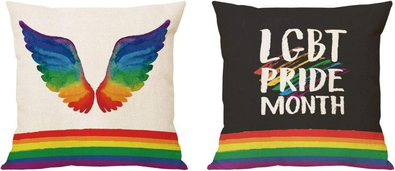 Photo 1 of Tititex Rainbow Power Wings Decorative 18"x 18" Throw Pillow Covers - LGBT Pride Month Linen Cases for Couch Cushion Farmhouse Decor, Set of 2 New