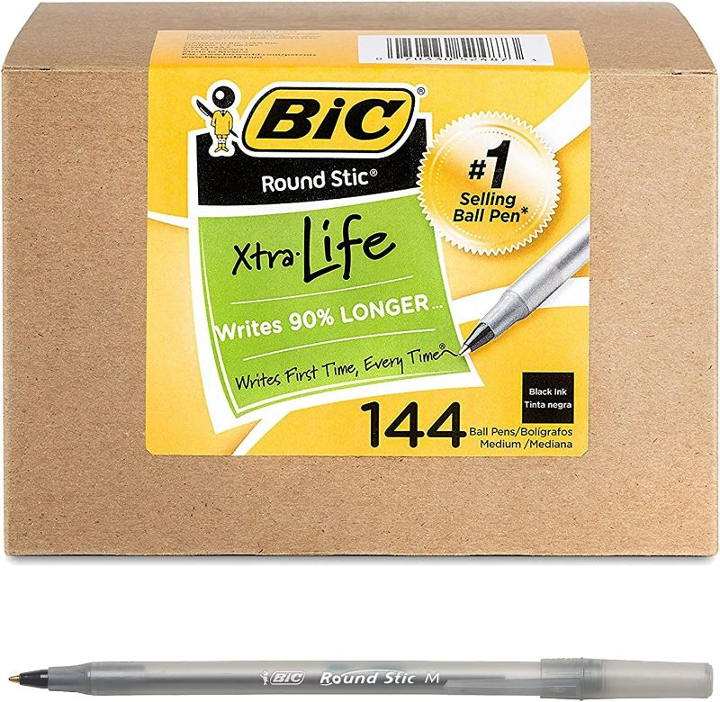 Photo 1 of BIC Round Stic Xtra Life Ballpoint Ink Pens, Medium Point (1.0mm), Black Pens, Flexible Round Barrel For Writing Comfort, 144-Count new