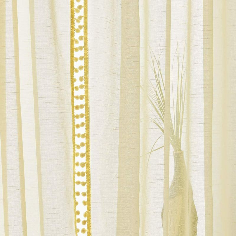 Photo 3 of Pom-pom Sheer Curtains for Living Room, 72 inch Long Yellow Curtain Drapes for 2 Panels Rod Pocket New