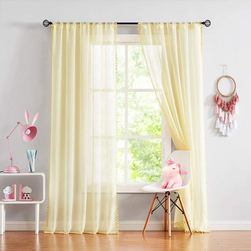 Photo 2 of Pom-pom Sheer Curtains for Living Room, 72 inch Long Yellow Curtain Drapes for 2 Panels Rod Pocket New