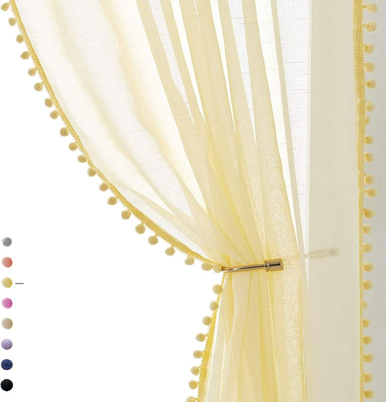 Photo 1 of Pom-pom Sheer Curtains for Living Room, 72 inch Long Yellow Curtain Drapes for 2 Panels Rod Pocket New