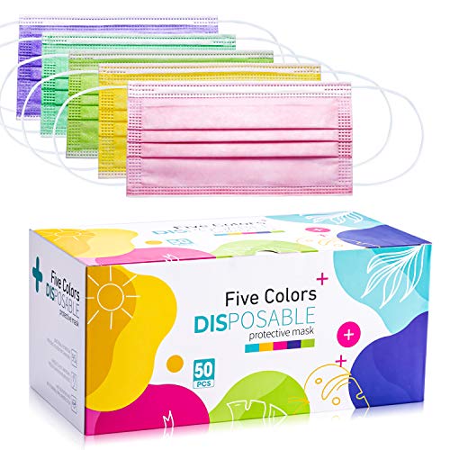 Photo 1 of 50 Pack Multicolored Disposable Face Masks with Elastic Earloops | 3-ply Breathable Non-Woven Mouth Cover for Personal Individually Wrapped New