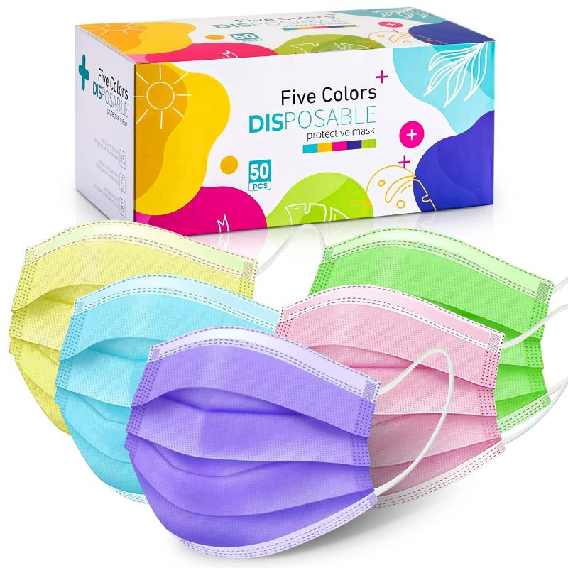 Photo 2 of 50 Pack Multicolored Disposable Face Masks with Elastic Earloops | 3-ply Breathable Non-Woven Mouth Cover for Personal Individually Wrapped New
