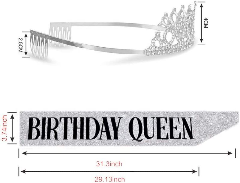 Photo 2 of Birthday Queen Sash & Rhinestone Tiara Kit - 16th, 21st, 30th Birthday Gifts Glitter Decoration Sash for Women Birthday Party Supplies (Silver) New