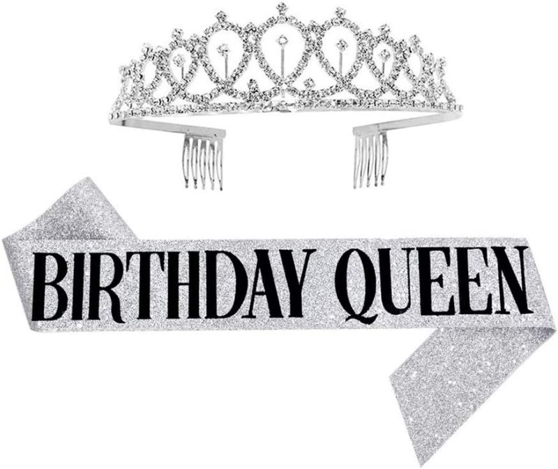 Photo 1 of Birthday Queen Sash & Rhinestone Tiara Kit - 16th, 21st, 30th Birthday Gifts Glitter Decoration Sash for Women Birthday Party Supplies (Silver) New
