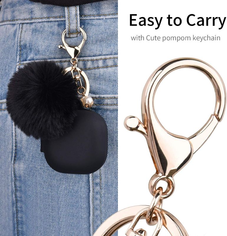 Photo 3 of Filoto Case for Samsung Galaxy Buds 2 / Buds Live / Buds Pro / Buds 2 Pro, Cute Silicone Earbuds Protective Case Cover with Pompom Keychain Accessories for Women Girls (Black) New