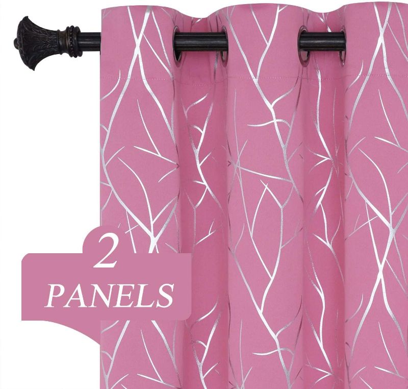 Photo 2 of Estelar Textiler Window Curtains Thermal Insulated Blackout Room Darkeing Curtains with Silver Tree Branches Design for Baby Room 38W x 72L Inch Pink 1 Pair New