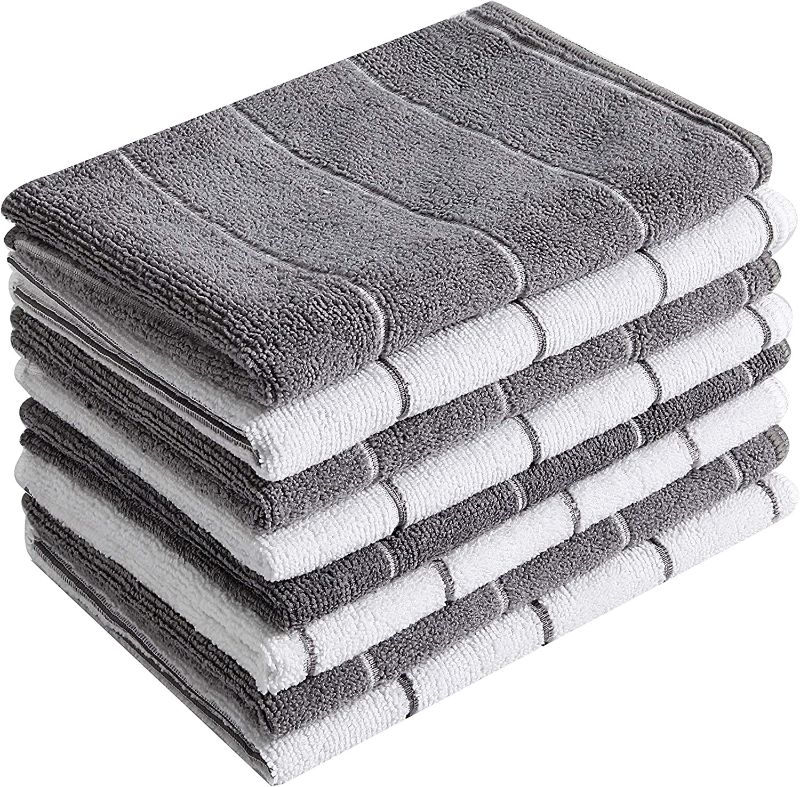 Photo 1 of Microfiber Kitchen Towels - Super Absorbent, Soft and Solid Color Dish Towels, 8 Pack (Stripe Designed Grey and White Colors), 26 x 18 Inch New