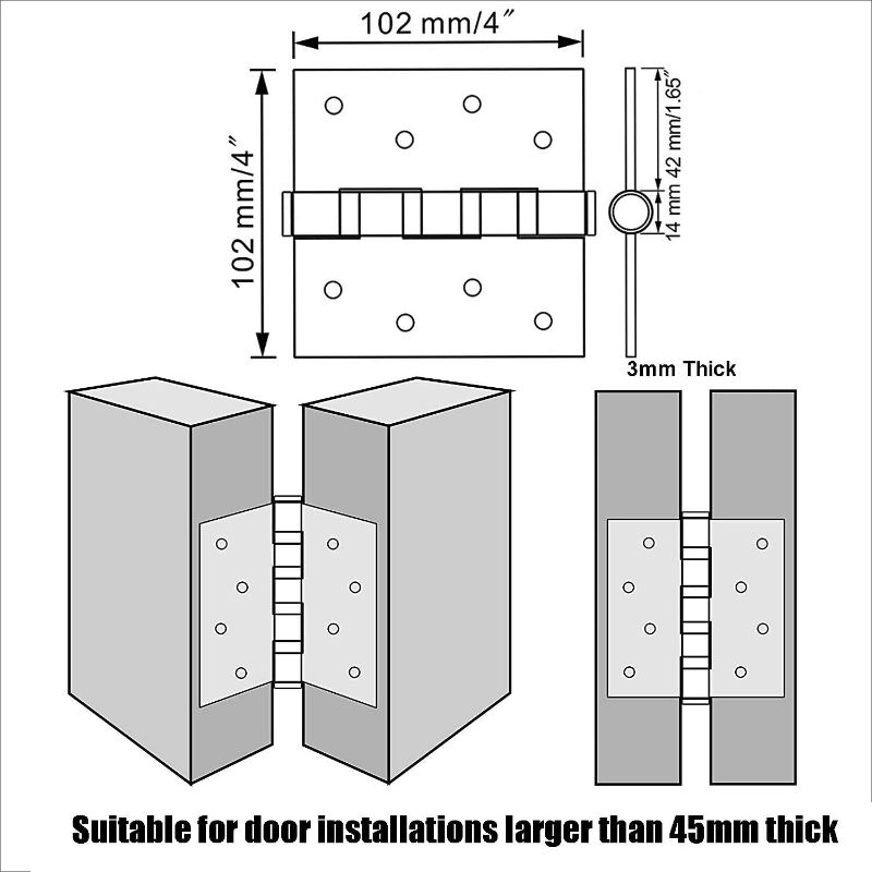 Photo 3 of UHPPOTE Stainless Steel Door Hinges 4inches x 4inches with Soft Close Ball Bearing - Squared Conners - Brushed Finish (Pack of 2) New