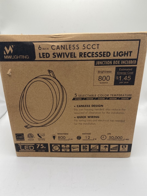 Photo 1 of MW 6 inch LED 5CCT Swivel Recessed Light with Junction Box, 2700/3000/3500/4000/5000K, Dimmable, 800 lumens, 12 Watts, Energy Star… (1 PK) New