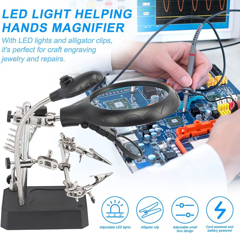 Photo 3 of AORAEM LED Light Helping Hands Magnifier Station,2.5X 7.5X 10X Magnifying Glass Soldering with Clamp and Alligator Clips Desktop Magnifer Stand for Craft Carving Jewelry New