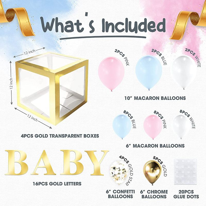 Photo 2 of Premium Gold Baby Boxes | Set of 4 with 39 Balloons and 16 Baby Letters | Baby Shower Decorations, Gender Reveal Party Supplies, Baby Shower Decor For Girl or Boy, Transparent Clear Blocks, ABC Cubes New