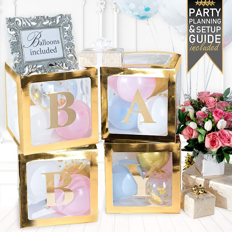 Photo 1 of Premium Gold Baby Boxes | Set of 4 with 39 Balloons and 16 Baby Letters | Baby Shower Decorations, Gender Reveal Party Supplies, Baby Shower Decor For Girl or Boy, Transparent Clear Blocks, ABC Cubes New