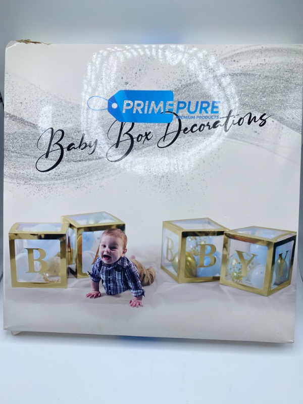 Photo 4 of Premium Gold Baby Boxes | Set of 4 with 39 Balloons and 16 Baby Letters | Baby Shower Decorations, Gender Reveal Party Supplies, Baby Shower Decor For Girl or Boy, Transparent Clear Blocks, ABC Cubes New