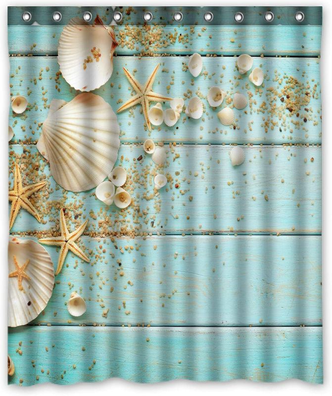 Photo 1 of KXMDXA Seashells Frame On Wooden Background Shower Curtain Polyester Fabric Shower Curtain Size 60 x 72 inch new