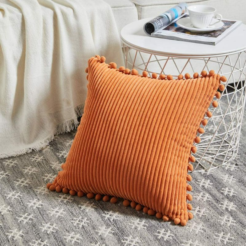 Photo 1 of Fancy Homi Pack of 2 Corduroy Fall Decorative Throw Pillow Covers with Pom-poms, Solid Square Cushion Case Pillow Cases Set for Couch Sofa Bedroom Car Living Room (18x18 Inch/45x45 cm, Orange) new