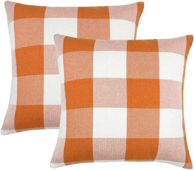 Photo 1 of Set of 2 Soleebee Check Plaid Throw Pillow Covers Cushion Case Polyester Linen for Fall Home Decor Orange and White, 18 x 18 Inches New