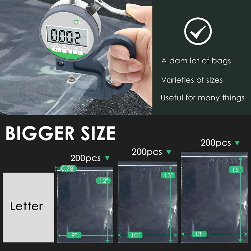 Photo 1 of 600 Count Large Resealable Plastic Bags, 2Mil Strong 3 Assorted Sizes - 9 x 12 in, 10 x 13 in, 13 x 15 in (2 gallon) Plastic Zipper Bags, Easy Zip Open and Close, Resealable Poly Bags by Valchoose New