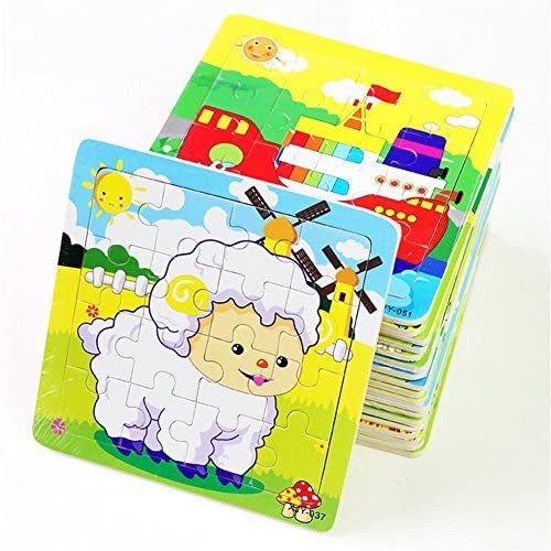 Photo 1 of PROW Wooden Jigsaws 16 Piece Toddler Square Puzzle Toy Elephant Panda Puppy Little Lamb Ship Train Plane Goose Cow Tiger Cock Frog Safe Education Learning Toys (12 Pack,Each 16 pcs) New