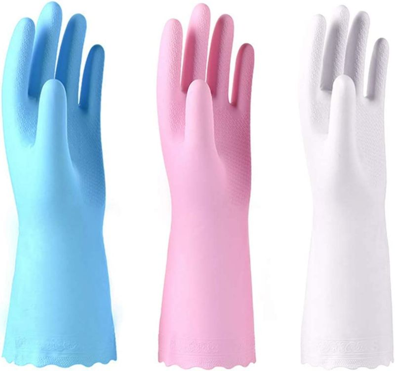 Photo 1 of Alimat PluS 3 Pack Reusable Cleaning Gloves Latex Free - Dishwashing Gloves with Cotton Flock Liner and Embossed Palm - Waterproof Household Gloves for Laundry, Gardening (Medium) New