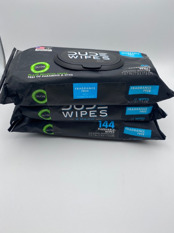 Photo 6 of DUDE Wipes Flushable Wipes - 3 Pack, 144 Wipes - Unscented Wet Wipes with Vitamin-E & Aloe for at-Home Use - Septic and Sewer Safe New