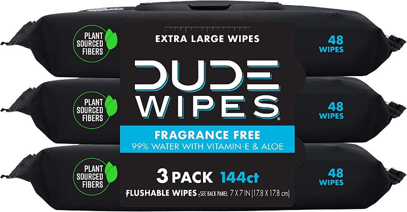 Photo 1 of DUDE Wipes Flushable Wipes - 3 Pack, 144 Wipes - Unscented Wet Wipes with Vitamin-E & Aloe for at-Home Use - Septic and Sewer Safe New