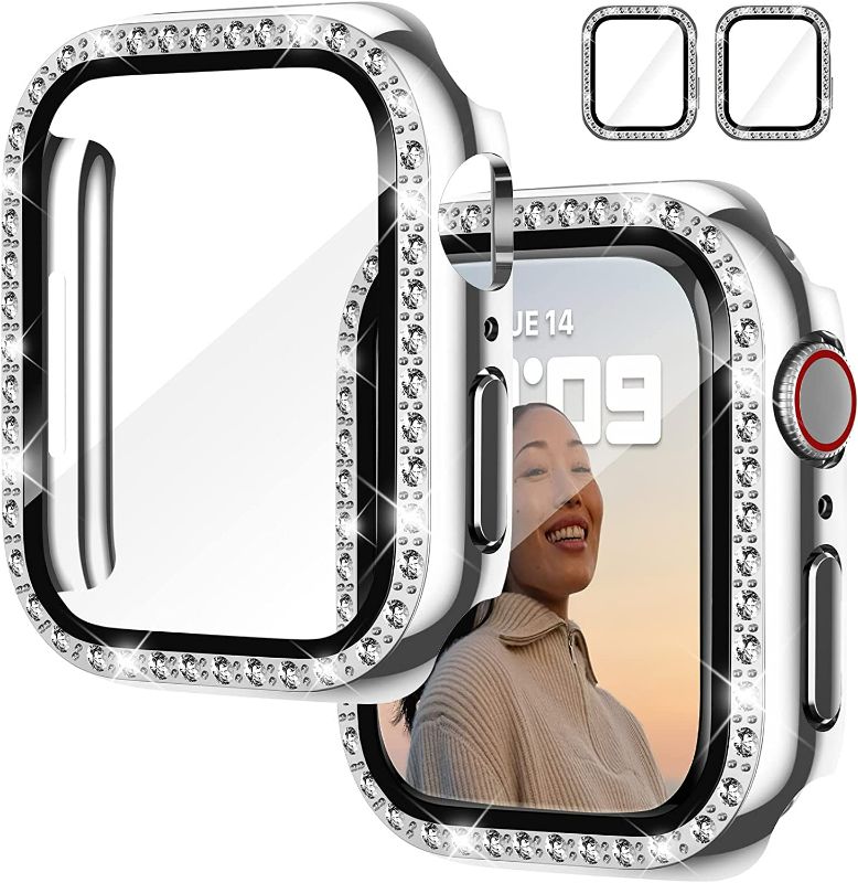 Photo 1 of DABAOZA Compatible for Apple Watch Screen Protector with Bumper Case SE Series 8 7 6 5 4 3 2 1 Bling Women Girls Crystal Sparkling Diamond Protective Cover for iWatch (Silver with Protector, 41mm) New