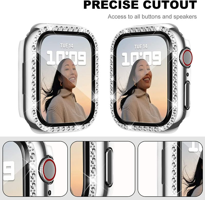 Photo 2 of DABAOZA Compatible for Apple Watch Screen Protector with Bumper Case SE Series 8 7 6 5 4 3 2 1 Bling Women Girls Crystal Sparkling Diamond Protective Cover for iWatch (Silver with Protector, 41mm) New