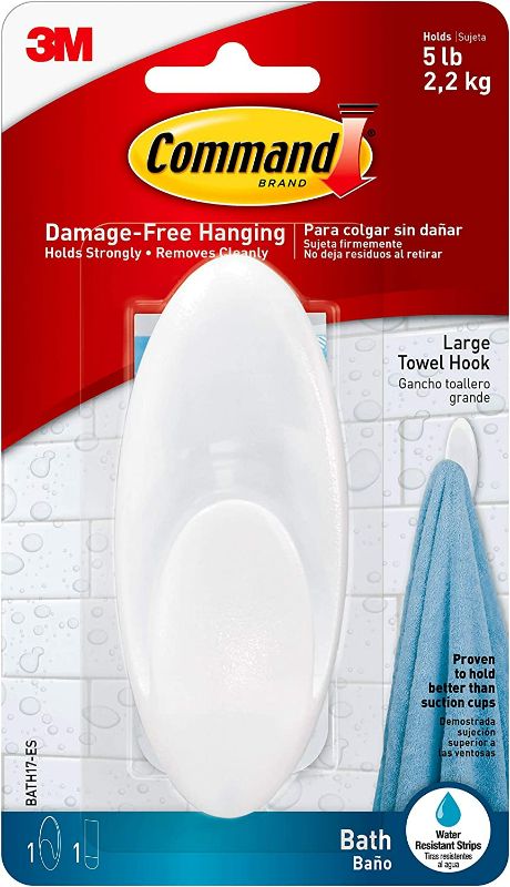 Photo 1 of Command Bath Large Towel Hook, Clear, 1-Hook, 5-lb. Capacity, Organize Damage-Free New