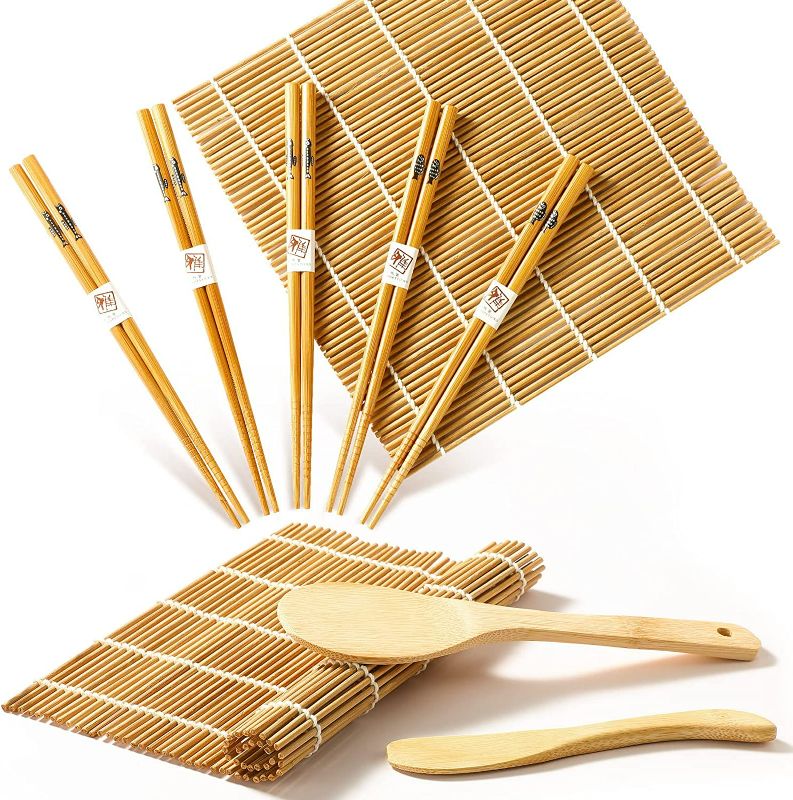 Photo 1 of Delamu Sushi Making Kit, Bamboo Sushi Mat, Including 2 Sushi Rolling Mats, 5 Pairs of Chopsticks, 1 Paddle, 1 Spreader, 1 Beginner Guide PDF, Roll On, Beginner Sushi Kit New