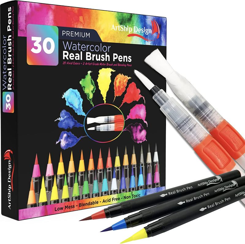 Photo 1 of 30 Watercolor Brush Pens Combo Pack, 28 Colors 2 Water Brushes, Flexible Real Nylon Brush Tips, for Watercolor Painting Calligraphy Coloring, Beginner or Artist, Portable, Low Mess New