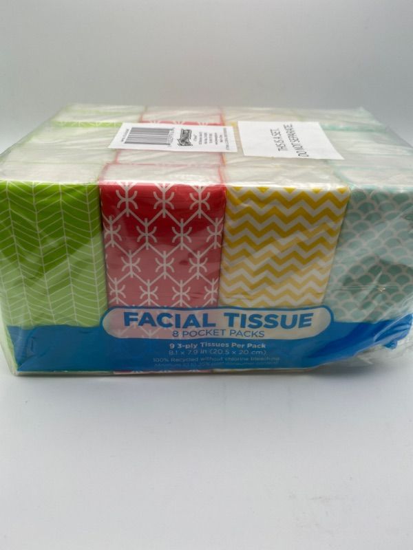 Photo 3 of Funwares Pocket Sized White Travel Facial Tissue, 8 Packs, 72 Sheets, Geometric Print Designed Package, Count (Pack of 8), 8 Pack New