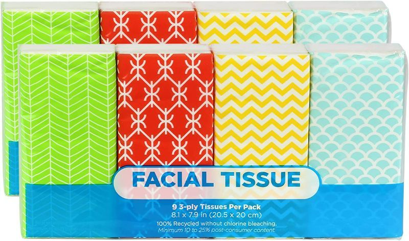 Photo 1 of Funwares Pocket Sized White Travel Facial Tissue, 8 Packs, 72 Sheets, Geometric Print Designed Package, Count (Pack of 8), 8 Pack New