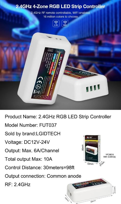 Photo 2 of LGIDTECH FUT037 Miboxer RGB LED Strip Light 2.4GHz RF Wireless 4-Zone Controller Receiver Box,Used to 5050 2538 3528 LED Strips Light.Work with FUT096 B3 WL-Box1 Gateway,Compatible with Alexa via hub New