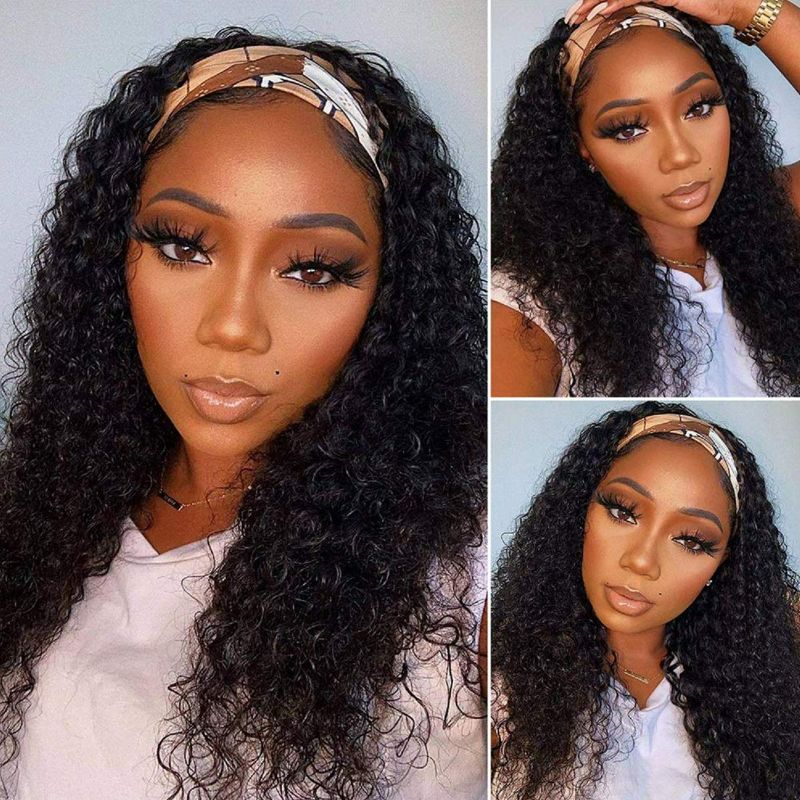 Photo 1 of Klaiyi Headband Wig Deep Wave 18 inch Human Hair Wigs None Lace Front Wig Virgin Hair Machine Made Wigs Curly hair Headband Wigs for Black Women Human Hair New