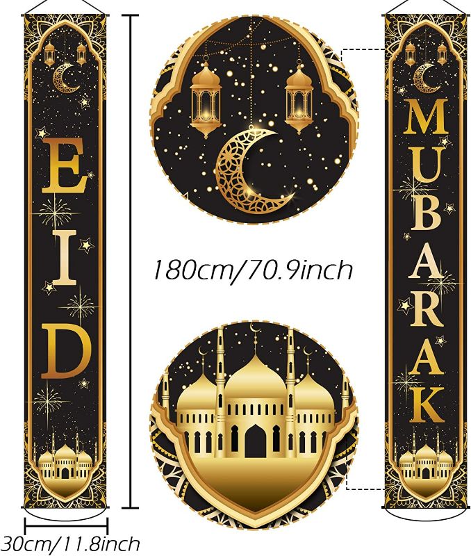 Photo 2 of Eid Mubarak Banner Muslim Eid Mubarak Door Sign Hanging Banners Decoration Set for Muslim Ramadan Themed Party Indoor and Outdoor Party Supplies Decorations New